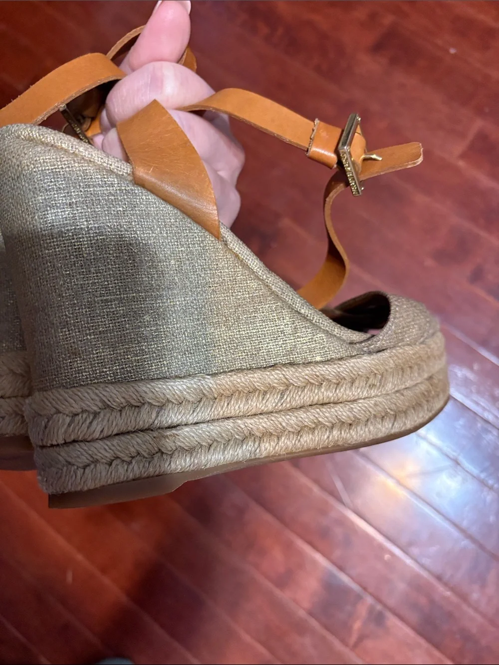 Tory Burch Gold Wedge Sandals with Tan Ankle Straps